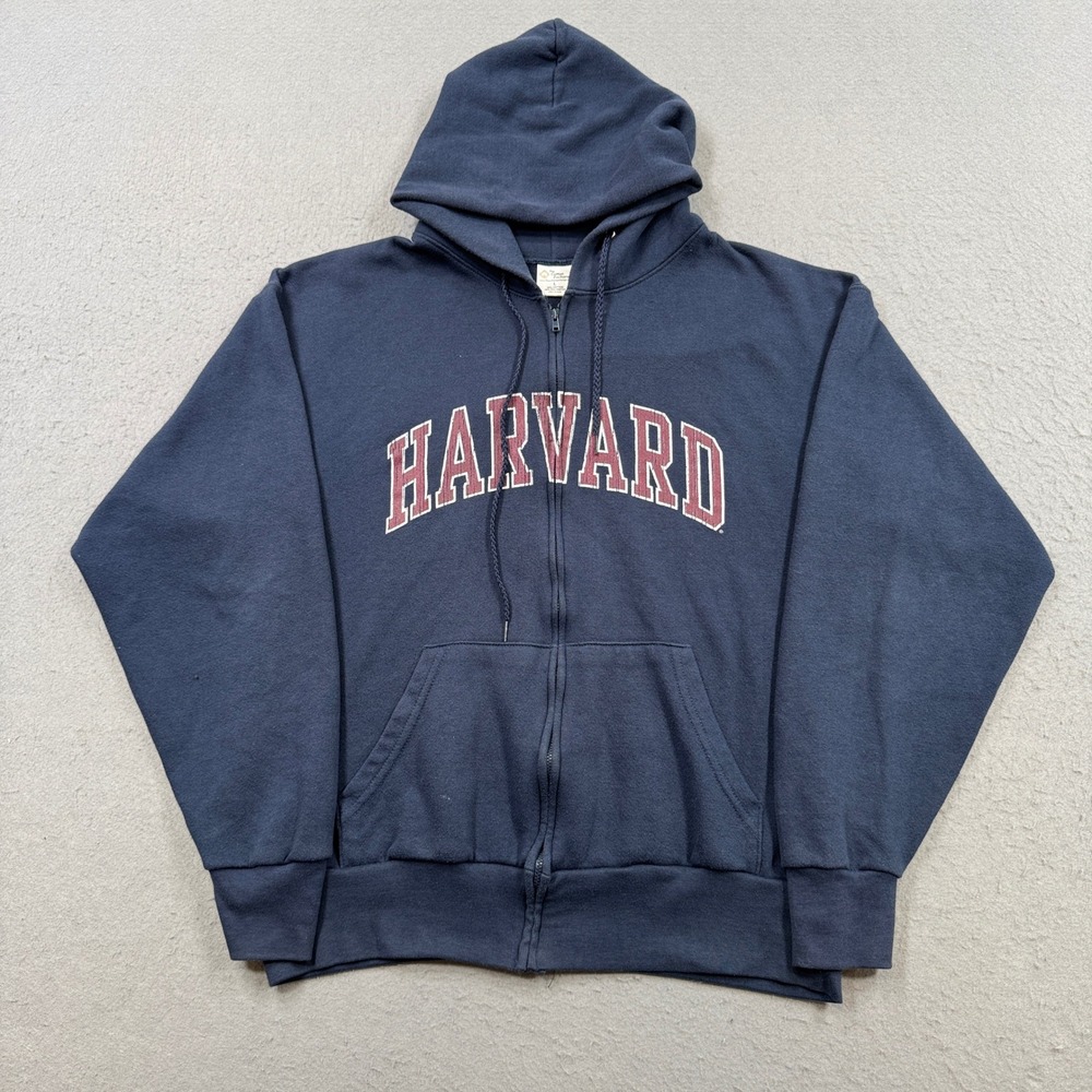 Vintage Harvard University Hoodie Men's Large Navy Blue Fleece Lined Zip Up USA